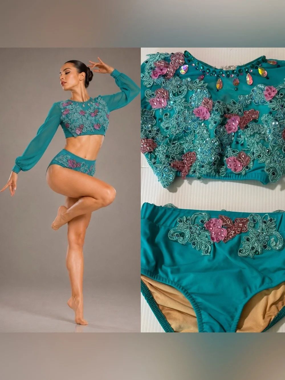 Glamour Dance Costume MC Teal 2 Piece Lyrical Contemporary Floral Rhinestone